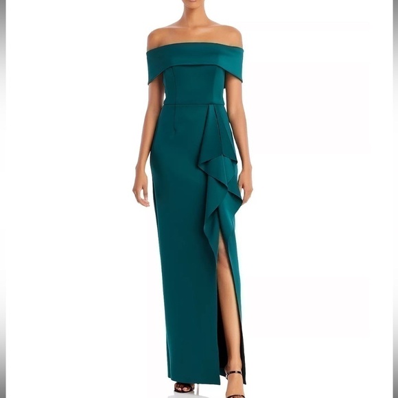 -AQUA WOMEN'S OFF THE SHOULDER CASCADE GOWN HUNTER GREEN SIZE 4 - Picture 6 of 10